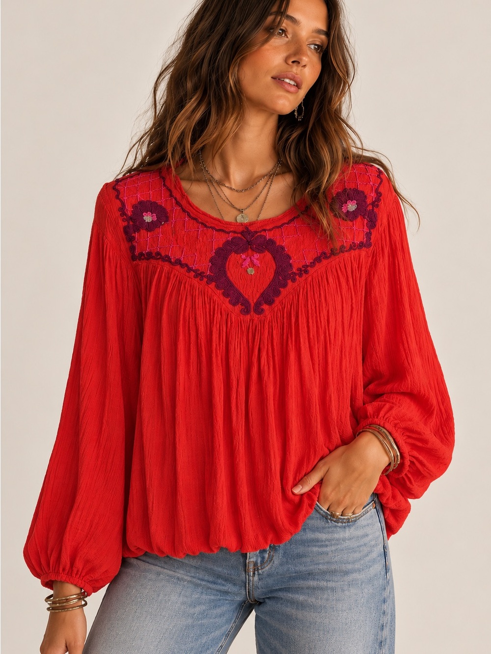 Free People Begonia Embroidered Peasant Top
